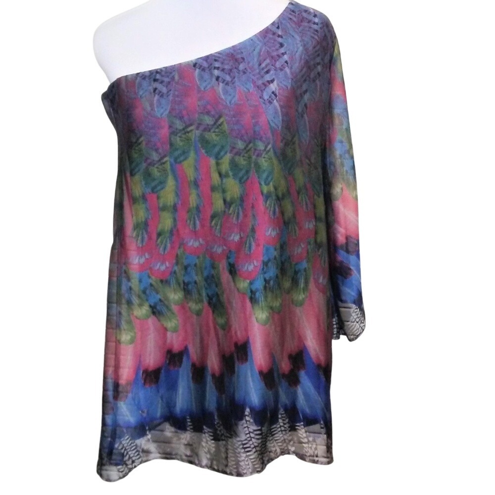 Papaya Womens‎ One Shoulder Bell Sleeve Peacock Feather Print Tunic Top L Multi